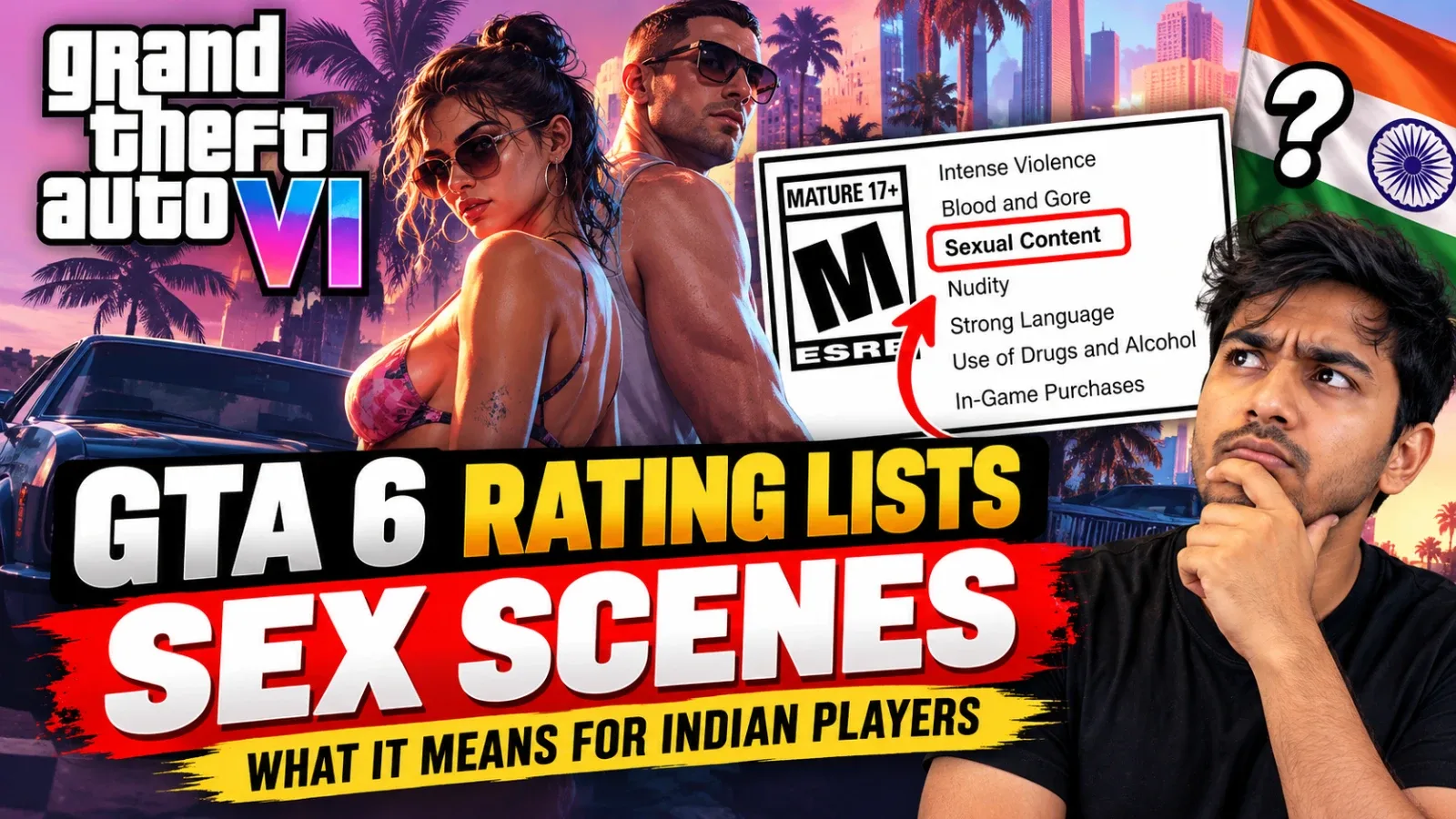GTA 6 rating badge displaying 'Sex Scenes' warning, against an Indian flag backdrop.