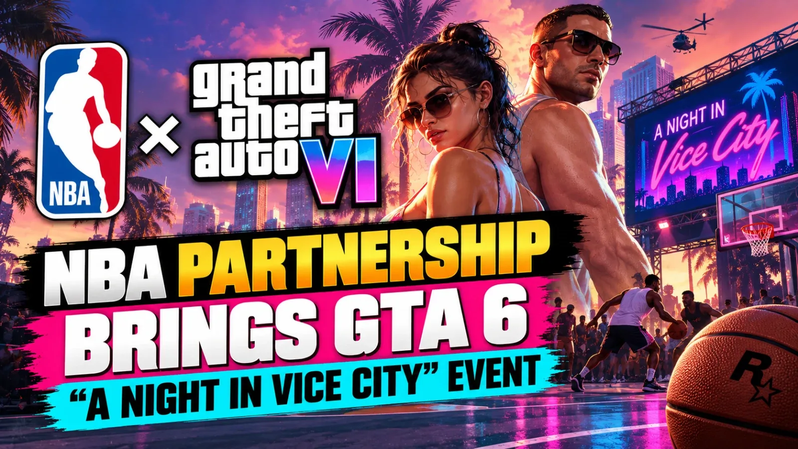 Miami Heat players in Vice City jerseys on a neon court beside a GTA 6 character wearing the exclusive Vice City outfit, with an Indian flag icon.