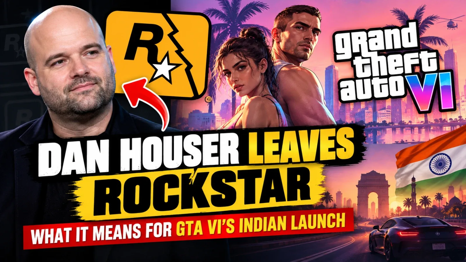 Dan Houser speaking at a press event beside GTA VI’s cityscape with the launch date and an Indian flag.