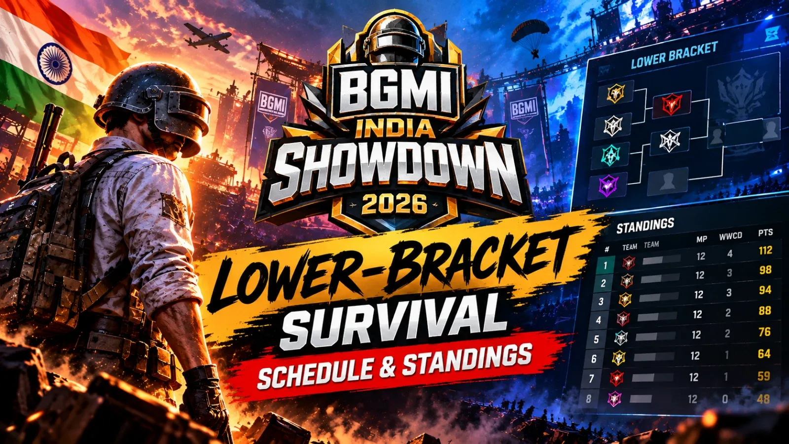 BGMI Erangel map with tournament logo and a phone showing the live points table for BMSD 2026 lower‑bracket survival.
