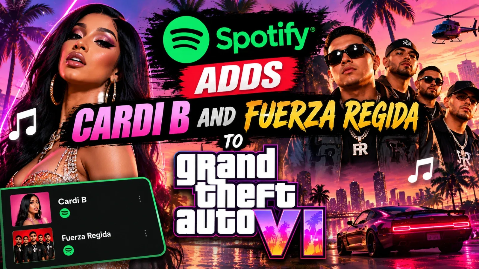 Spotify GTAVI album page with new Cardi B and Fuerza Regida tracks alongside GTA 6 radio screen