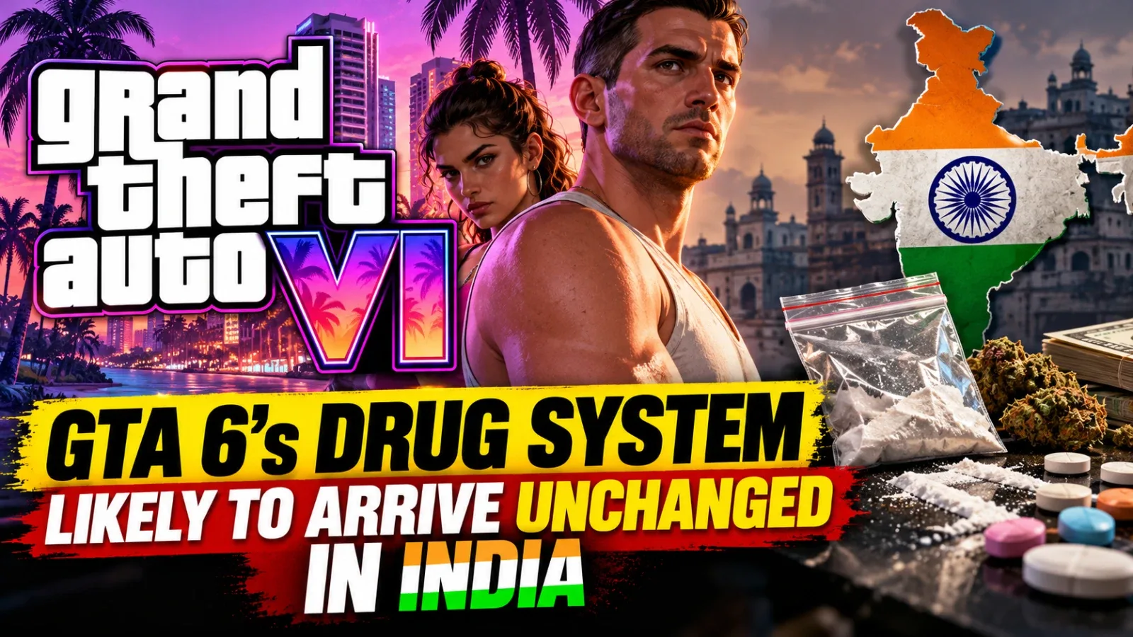 GTA 6 inventory displaying a cocaine item next to the PEGI‑18 rating symbol and a midnight clock for the Indian release time.