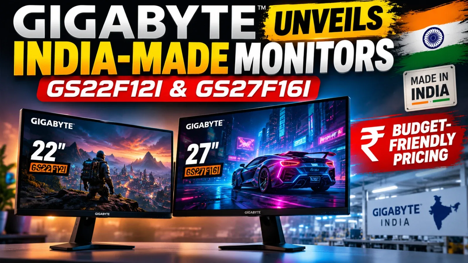 Gigabyte GS22F12I and GS27F16I monitors on a desk, BGMI gameplay on the larger screen, and price tags in Indian rupees.