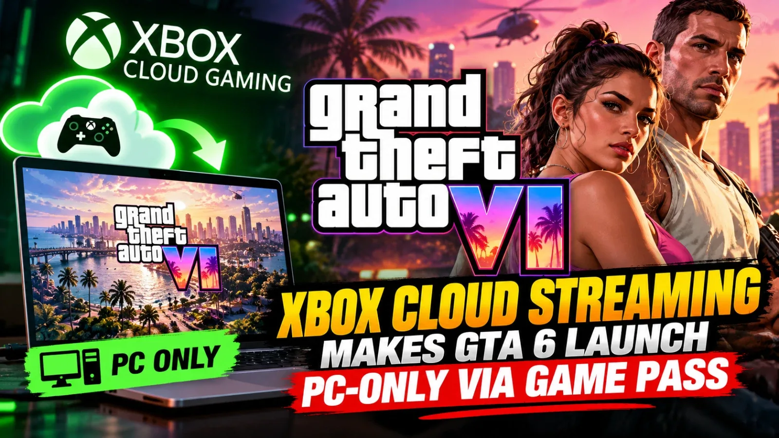 GTA 6 gameplay streamed on a laptop via Xbox Game Pass, with Indian data centre locations marked.