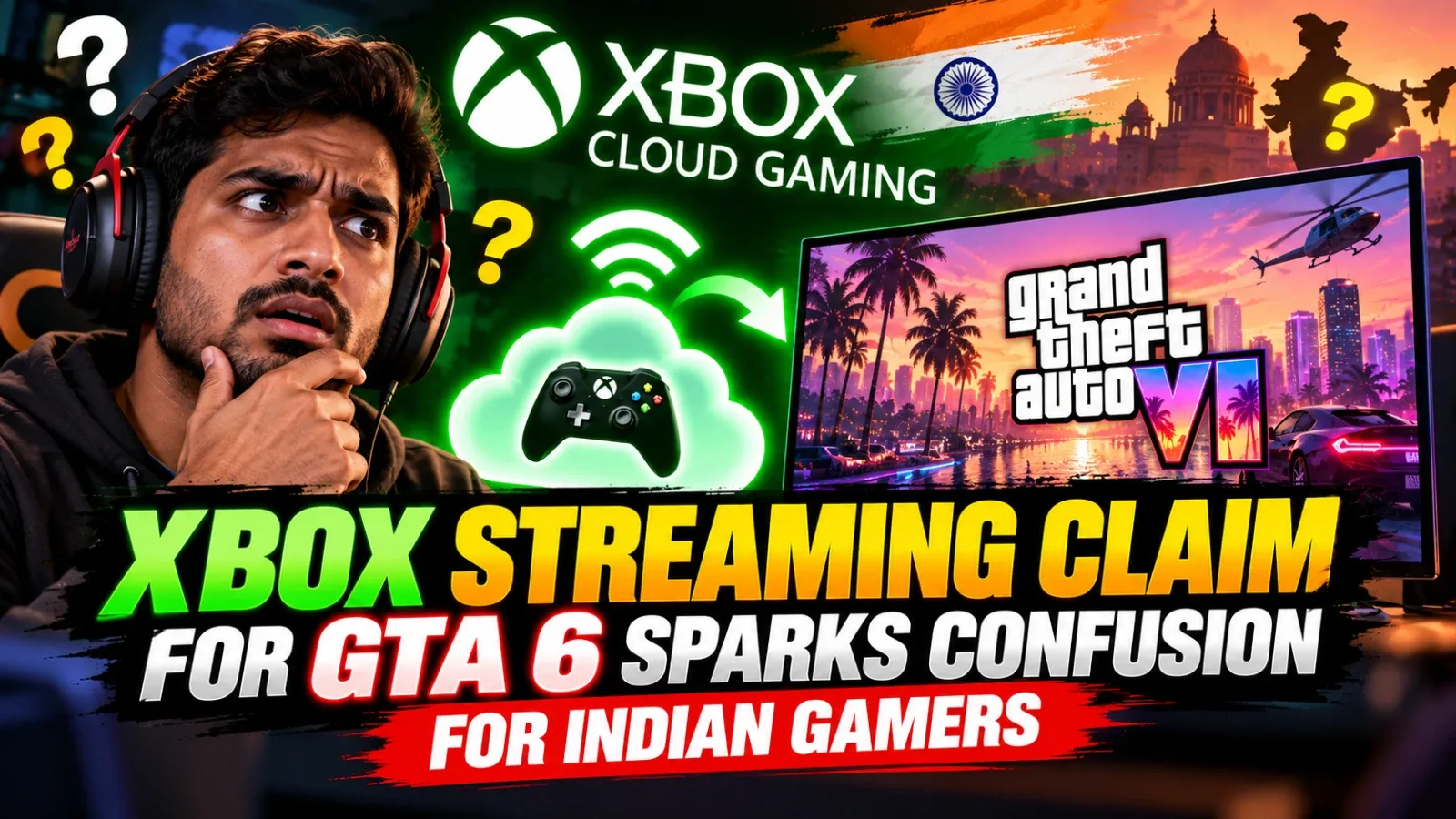 Xbox Series S next to GTA 6 box art with Indian pricing and a cloud symbol indicating streaming.