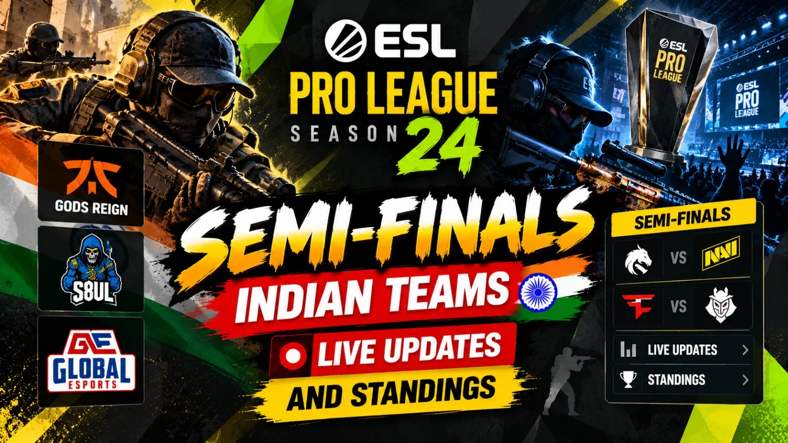Live update screen with Indian BGMI teams, match schedules, and streaming options for ESL Pro League Season 24 semi-finals.