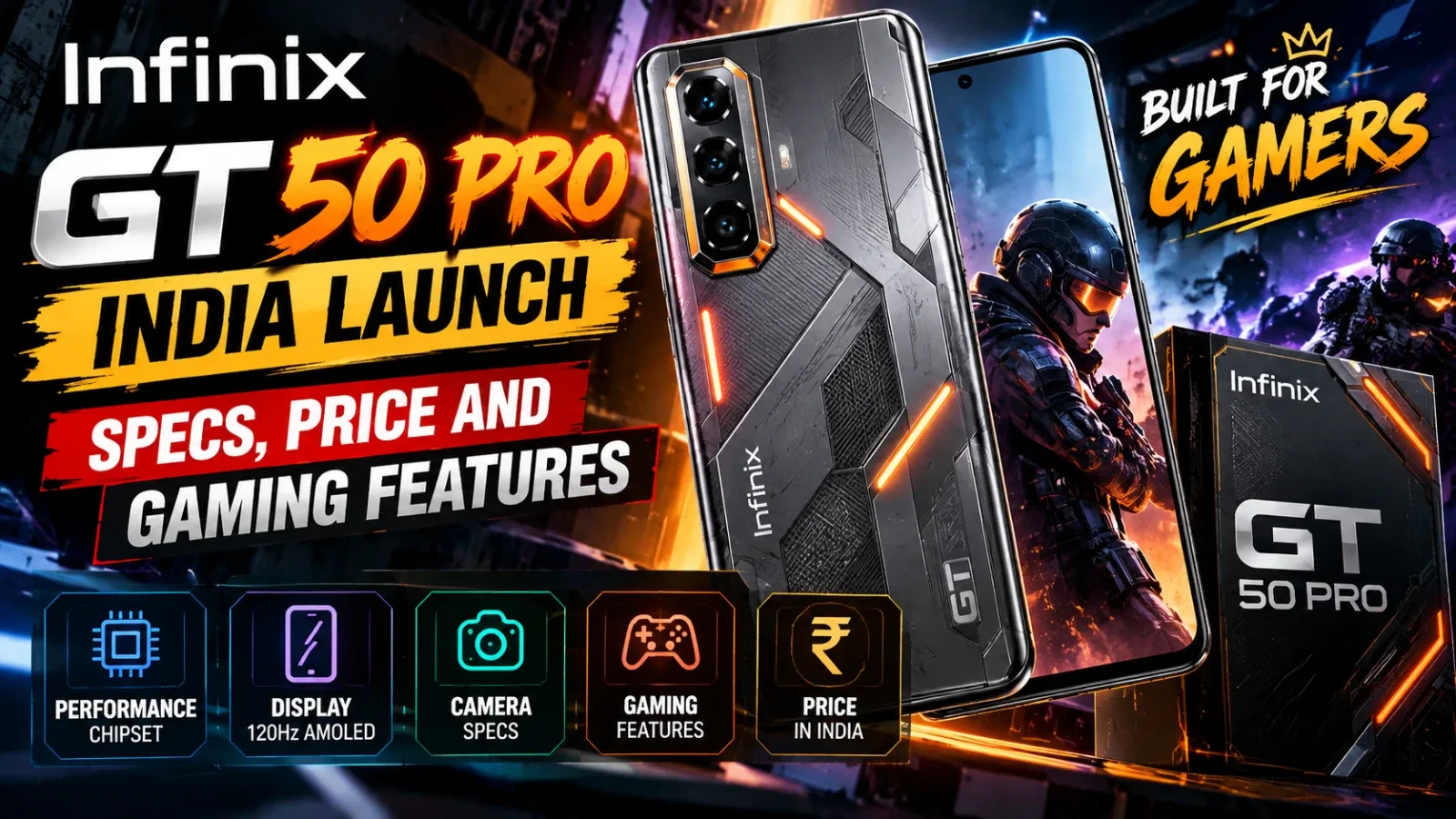 Infinix GT 50 Pro back view highlighting visible liquid‑cooling channels and RGB lighting in Black Abyss and Red Blaze finishes
